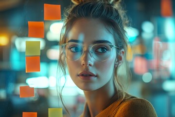 Focused young businesswoman sticking adhesive notes to a glass wall, organizing her thoughts and ideas in a collaborative and creative office environment, Generative AI