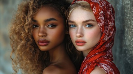 Diverse female models standing back to back, showcasing different ethnicities and body types in a powerful and inclusive pose, Generative AI