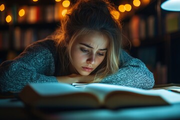 Girl studying alone in library at night, surrounded by books and a quiet atmosphere, focused on her studies, Generative AI