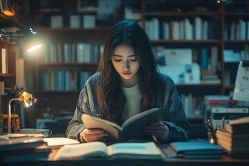 Girl studying alone in library at night, surrounded by books and a quiet atmosphere, focused on her studies, Generative AI