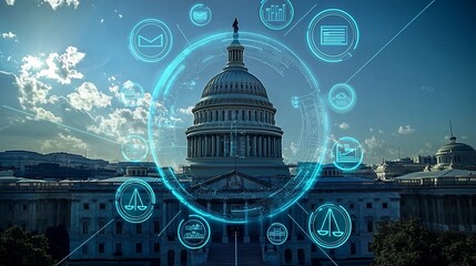 US Capitol building with digital overlay showing interconnectedness of government, finance, and communication