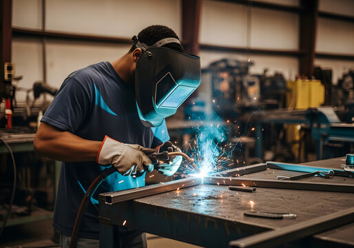 A skilled welder wearing protective gear works on metal fabrication, creating sparks as he welds. The workshop is filled with tools and machinery, showcasing an industrial environment. - Powered by Adobe