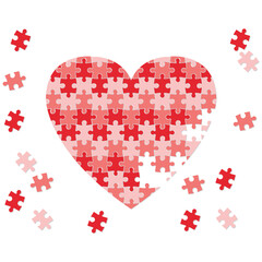 Illustration of a red puzzle heart made of small pieces on a white background