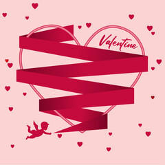 Cupids with red heart ribbons and happy valentines day Of love on white background, vector art and illustration