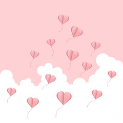 Hearts flying on the Valentine clouds with postcards Paper flying elements on the pink background Vector symbols of love in the form of hearts Valentine's day card design