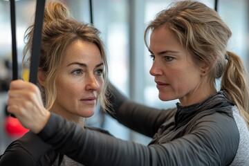 Trainer helping woman on her exercises routines, providing guidance and support to improve her technique and overall fitness, Generative AI
