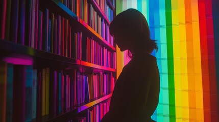 A silhouette stands near a vibrant bookshelf. Colorful rainbow light casts stunning shadows. Books fill the scene capturing imagination. Generative AI
