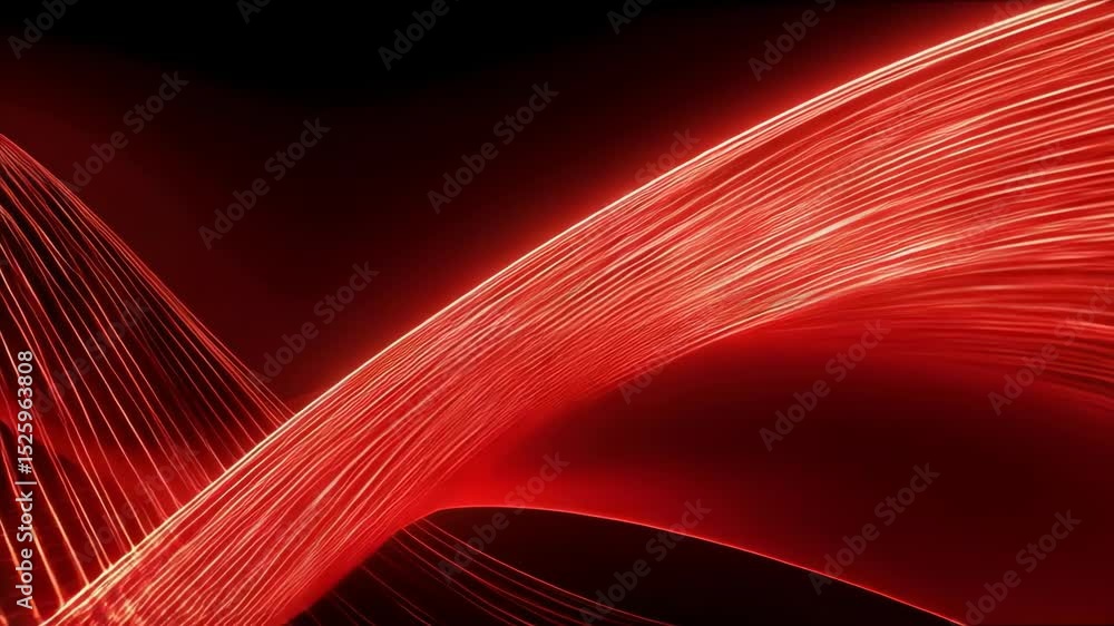 Poster dynamic wave pattern illustration of vibrant red light streaks on a dark backdrop, creating abstract