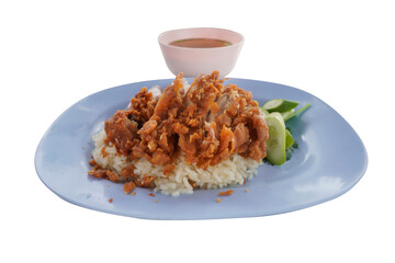 Hainanese Chicken Rice and Fried Chicken Rice mixed in one dish, delicious taste on white background.
