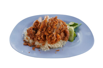 Hainanese Chicken Rice and Fried Chicken Rice mixed in one dish, delicious taste on white background.