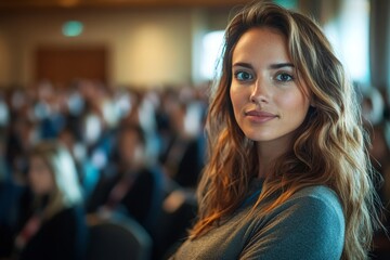 Female professional addressing public in a convention, confidently sharing insights and expertise with an engaged audience during a speaking event, Generative AI