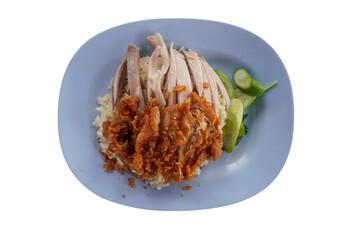 Hainanese Chicken Rice and Fried Chicken Rice mixed in one dish, delicious taste on white background.