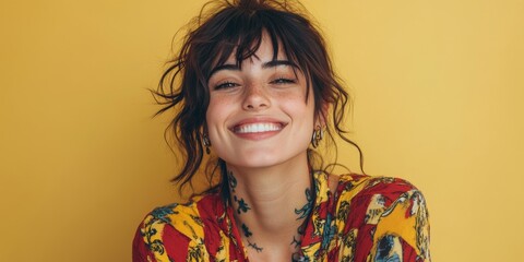 Cheerful hipster woman smiling in a studio, showcasing her unique and confident style in a fun and creative photo shoot, Generative AI