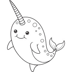 Narwhal Coloring Page Cute Marine Animal Illustration For Kids © Milon Store