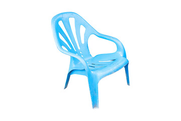 Side of old plastic chair small light blue furniture, stool isolated on cut out PNG or transparent...