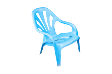 Side of old plastic chair small light blue furniture, stool isolated on cut out PNG or transparent background. Clipping path. Used in business of organizing parties with sit back and relax