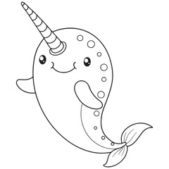 Narwhal Coloring Page Cute Marine Animal Illustration For Children © Milon Store