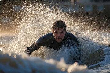Surfer coming out of the sea, riding a wave with skill and exhilaration as he emerges from the water after a thrilling surf session, Generative AI