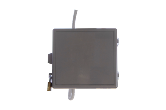 Box breaker small control and power button to distribute electricity supply with metal flex pipe. Electrical cable system installation Safety concept. Isolated on cut out PNG or transparent background