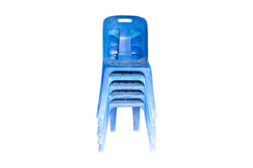 Old stacked plastic chair blue furniture, stool two stacked isolated on cut out PNG or transparent background. Clipping path. Used in the business of organizing parties with sit back and relax.