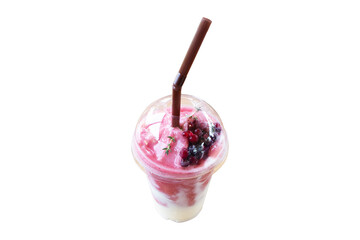 Smoothie with fresh blueberries and strawberry in glass plastic with straw brown isolated on cutout...