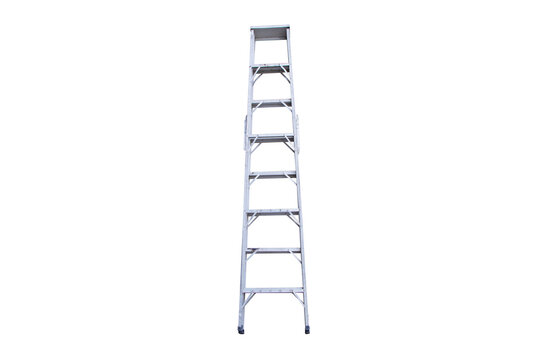 Old ladder metal aluminum isolated on cut out PNG or transparent background. For construction site, preparing for outdoor task, emphasizing utility and equipment for renovation and construction work.