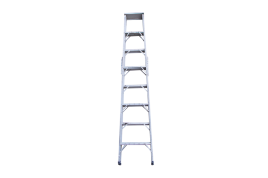 Old ladder metal aluminum isolated on cut out PNG or transparent background. For construction site, preparing for outdoor task, emphasizing utility and equipment for renovation and construction work.