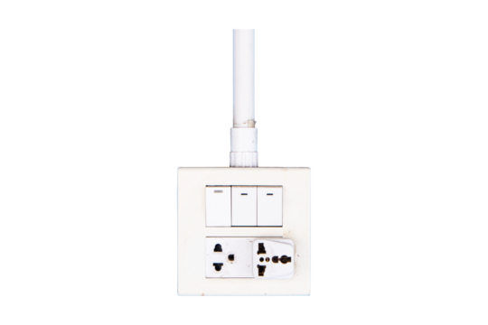 Box white electrical power switch off, on and plug energy with plastic pipe. wiring isolated on cutout PNG or transparent background. Turning Off Light Switch. Electrical safety concept. technology.