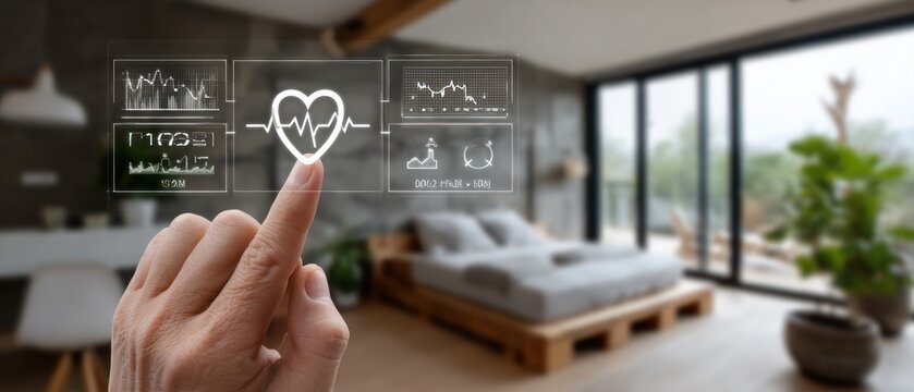 Hand interacting with a futuristic health monitor in a modern bedroom