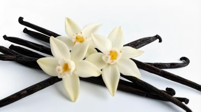 Fresh vanilla pods arranged with two delicate vanilla flowers on a clean white surface, food ingredient preparation, flavoring