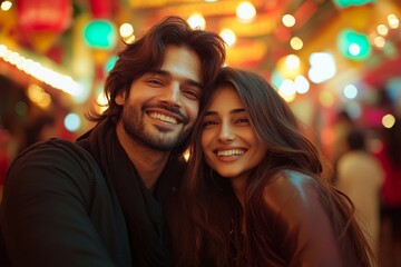 Young couple laughing and taking selfie in cafe, capturing joyful memories together while enjoying a coffee break in a lively atmosphere, Generative AI