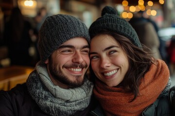 Young couple laughing and taking selfie in cafe, capturing joyful memories together while enjoying a coffee break in a lively atmosphere, Generative AI