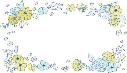 線画の草木。ベクターで描いた草木の花束イラストフレーム。シンプル草木グラフィック。Line drawing grass and trees. Vector drawn grass and trees bouquet illustration frame. Simple grass and trees graphic.
