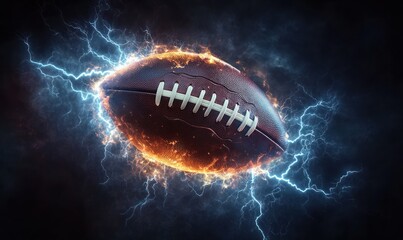 American football engulfed in flaming fire and surrounded by blue electric lightning bolts against a dark smoky background symbolizing energy and intensity