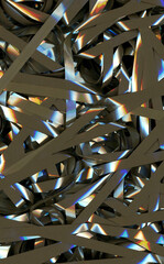 Audio magnetic cassette tape tangled and twisted in an abstract background detail pattern