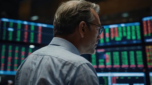 A man in a blue shirt looking at stock market data on multiple screens in a dimly lit room setting - Powered by Adobe