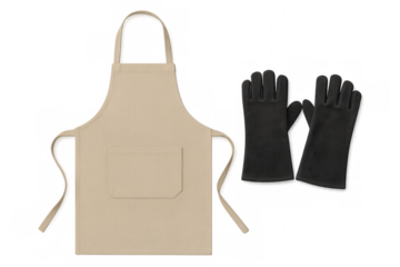 Beige kitchen apron and black heat resistant gloves isolated on transparent background, perfect for cooking and grilling