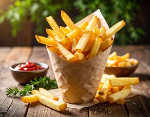 french fries in a cone on a rustic table with ketchup