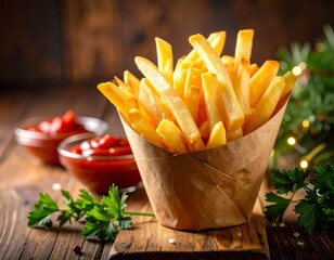 french fries in a cone on a rustic table with ketchup