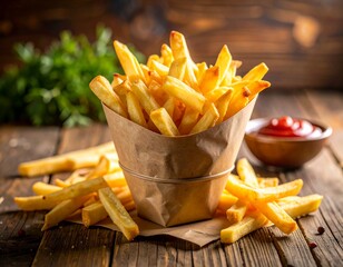 french fries in a cone on a rustic table with ketchup