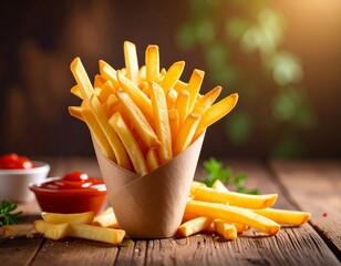 french fries in a cone on a rustic table with ketchup