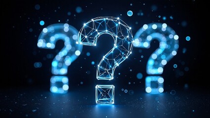 Conceptual Image of Three Glowing Question Marks Against a Dark Background with Particles
