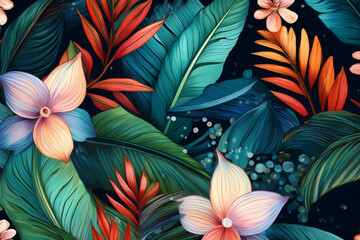 Elegant tropical seamless pattern with peach lotus flowers