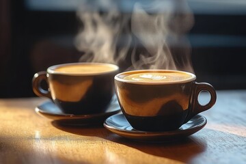 Fototapeta premium Two steaming hot coffee cups on saucers placed on a wooden table with natural warm light casting shadows