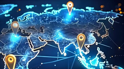 Global network map with digital continents, location pins, and glowing connections representing global communication, logistics, and technology - Powered by Adobe