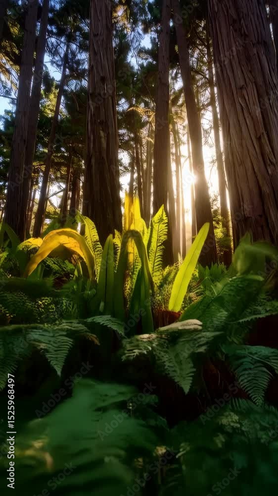 Poster looking up at tall trees in a dense forest with ferns and foliage growing on the forest floor during