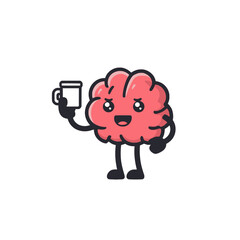 Smiling pink brain cartoon with coffee mug, Cute pink brain character holding a steaming coffee mug and smiling confidently, symbolizing energy, alertness, and morning routine.

