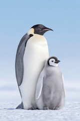 Fototapeta premium Emperor Penguin Parent and Chick in the Snow