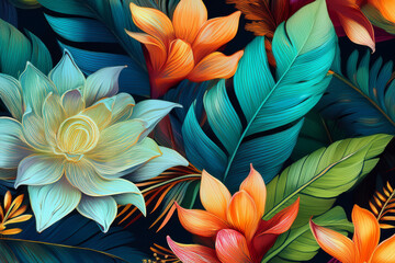 Vibrant tropical jungle seamless pattern with yellow flowers