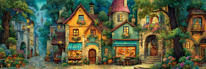 Fototapeta premium Charming Village Street Surrounded by Lush Nature